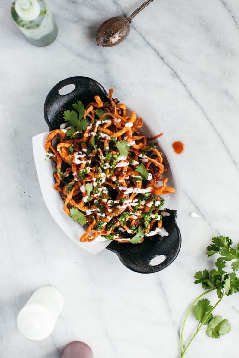 Sweet Potato Curly Fries With Yogurt, Sriracha, and Cilantro