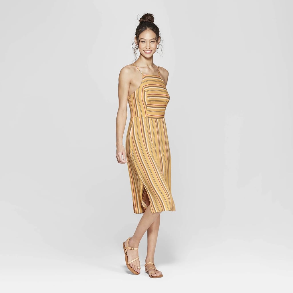 Striped Strappy High Neck Midi Dress