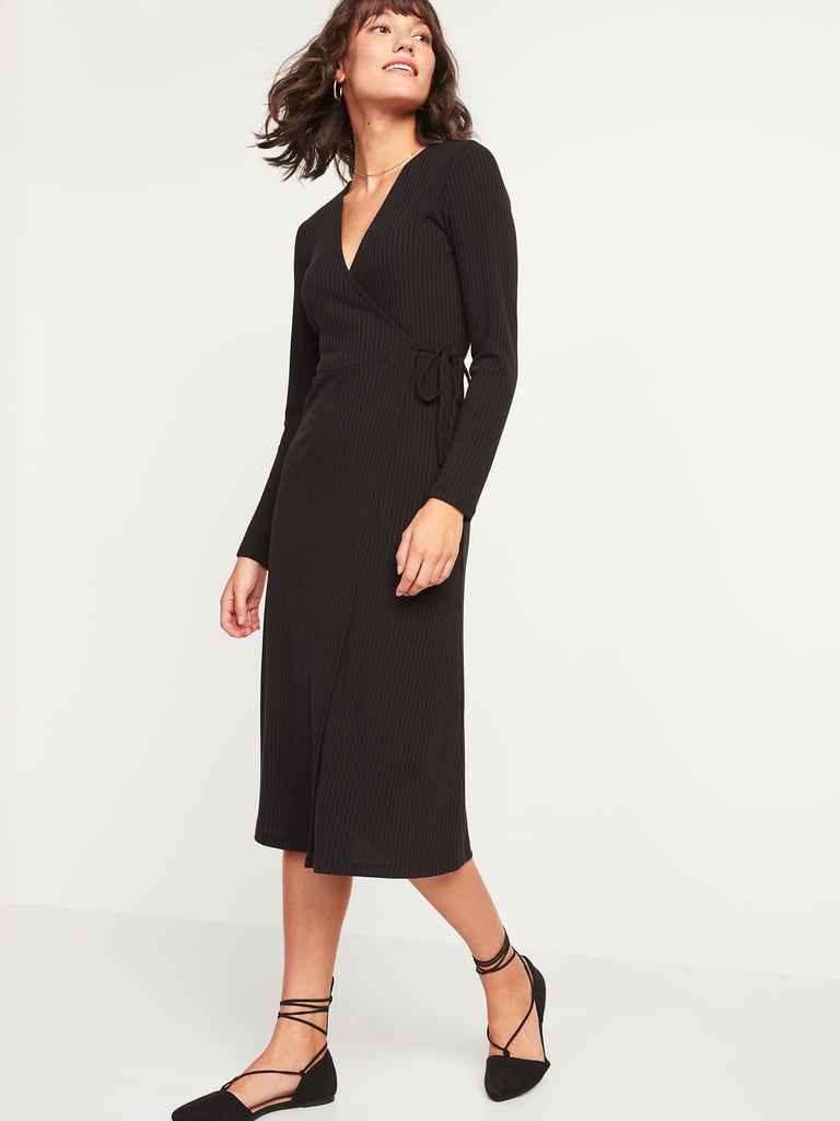 Rib-Knit V-Neck Midi Wrap Dress