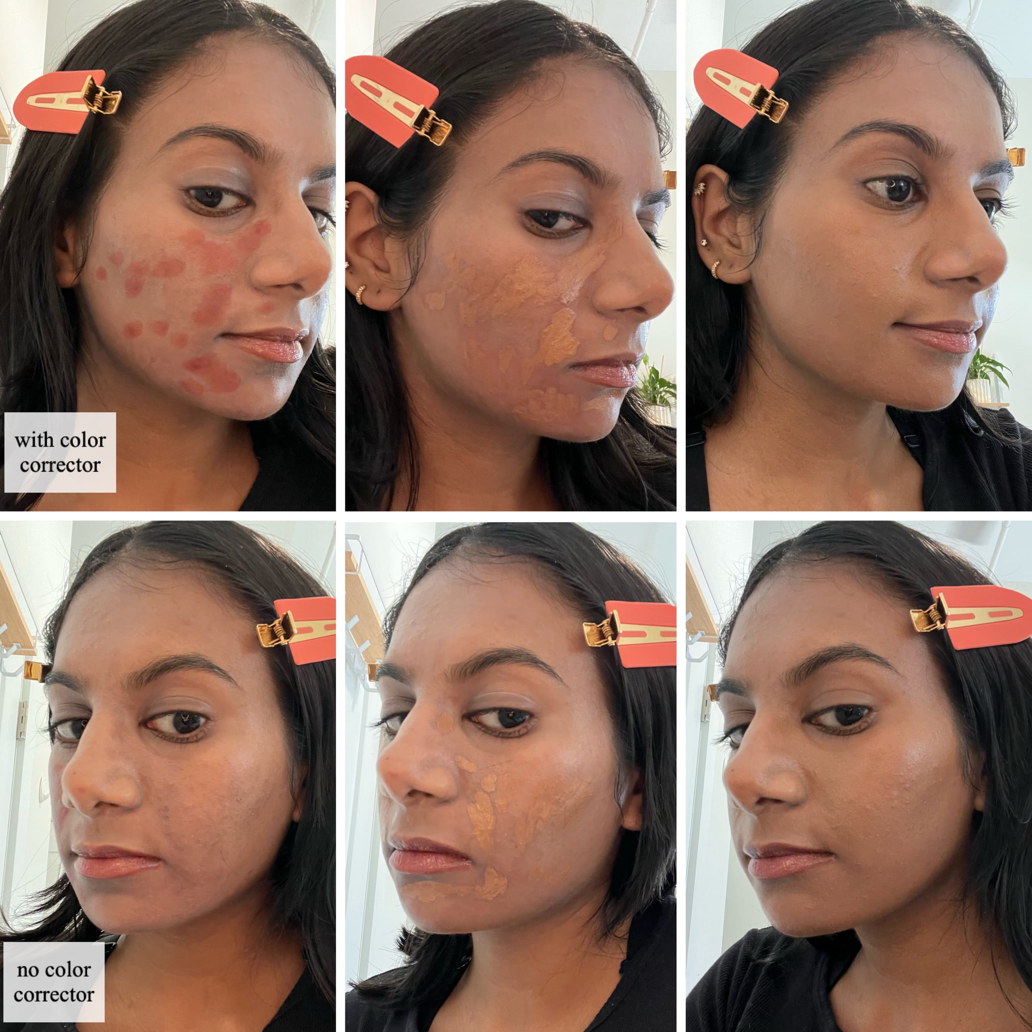 Top three: applying the Hueskin Serum Concealer in shade 7 with the Huestick Corrector in Origin. Bottom three: applying the Hueskin Serum Concealer in shade 7 with no colour correcting.