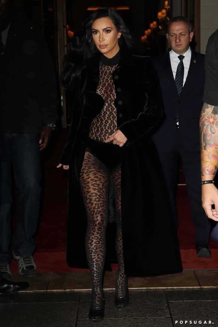 Kim Kardashian Sheer Leopard Outfit in Paris 2019