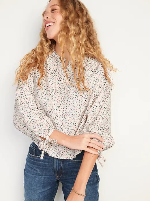 Old Navy Oversized Ditsy-Floral Corduroy Tie-Sleeve Top