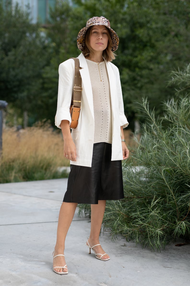 Style White Heels With a Matching Blazer and a Bucket Hat