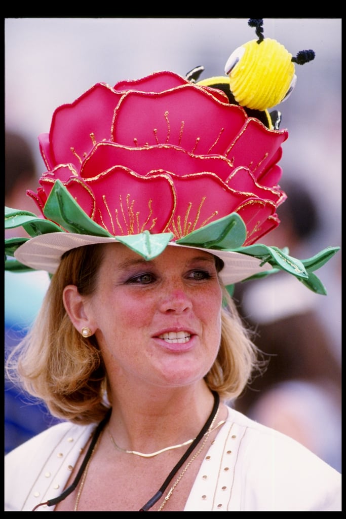 A bumblebee peeked out from this flower hat worn in 1993.