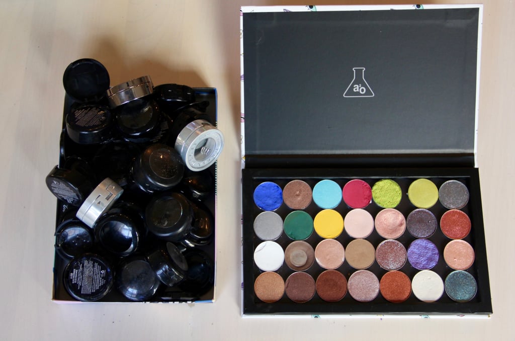 Repeat this process until you've filled your palette with all of your favorite single shadows. The empty packaging is on the left side of the photo! It's clear that it takes up much more space than the palette you just made.