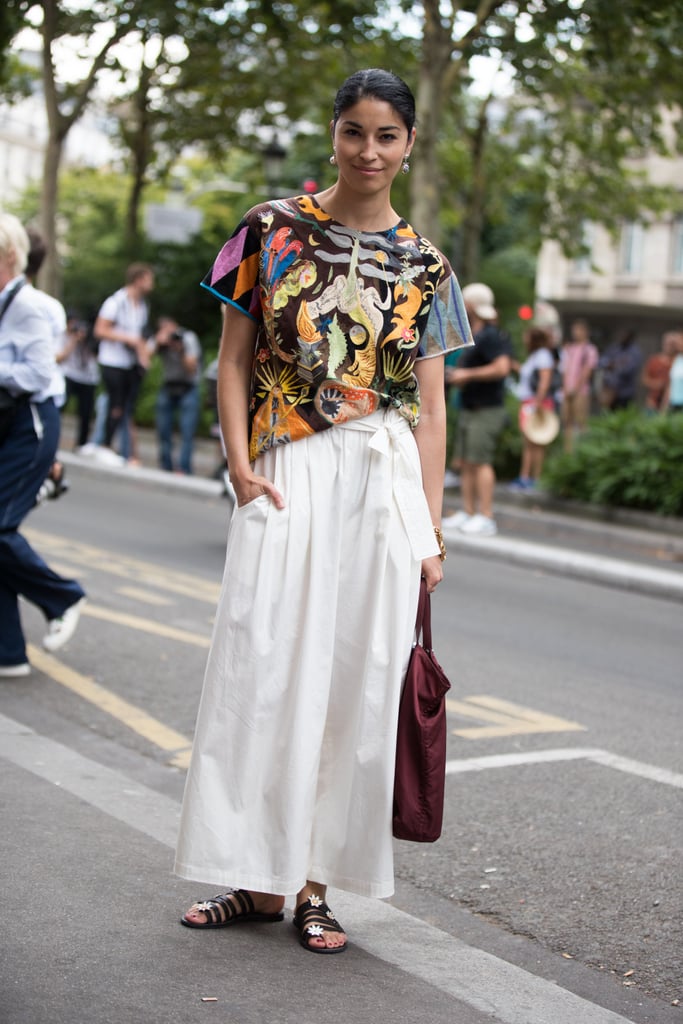 Remix white trousers with a statement top, but keep it easy with sandals.