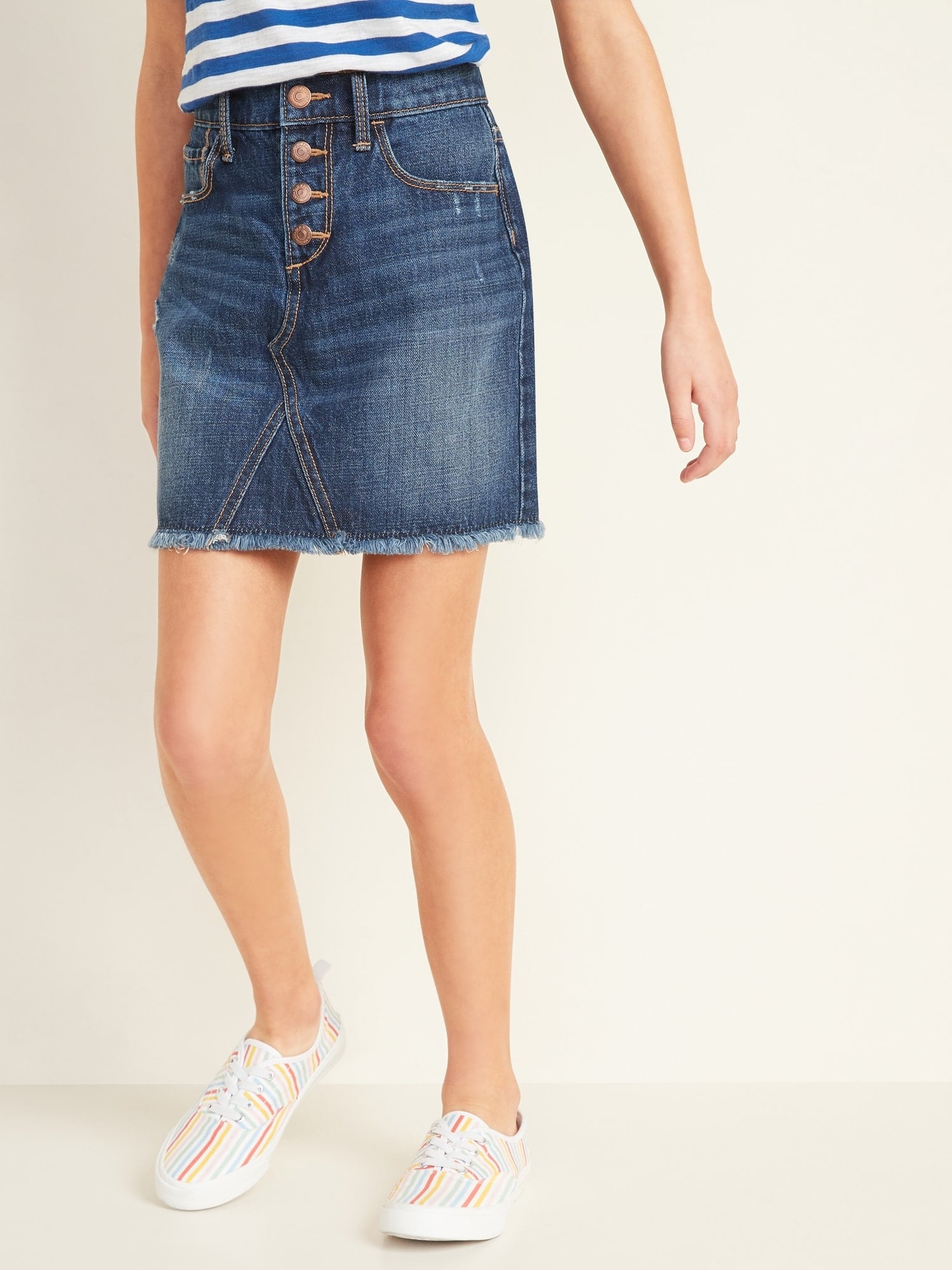 Old Navy High Waisted Button Fly Frayed Hem Jean Skirt 13 Cool