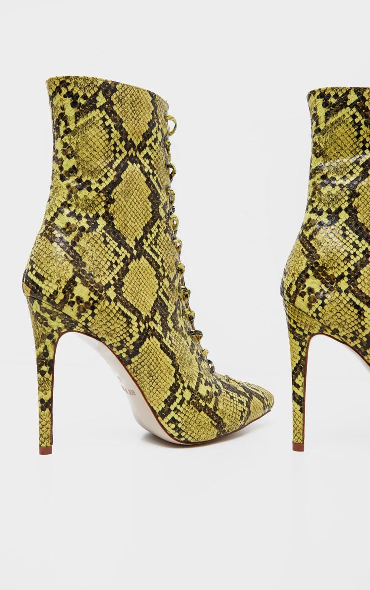 PrettyLittleThing Lime Snake Lace Up High Point Ankle Boot