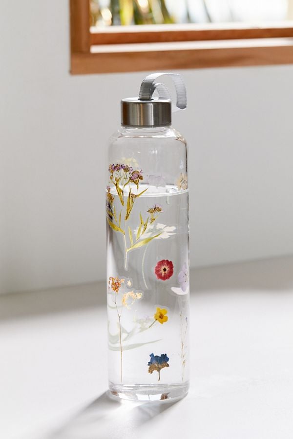 Printed Glass Water Bottle in Pressed Floral