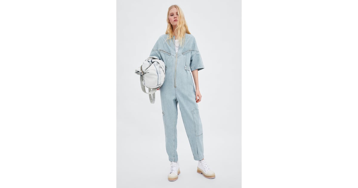 zara white denim jumpsuit