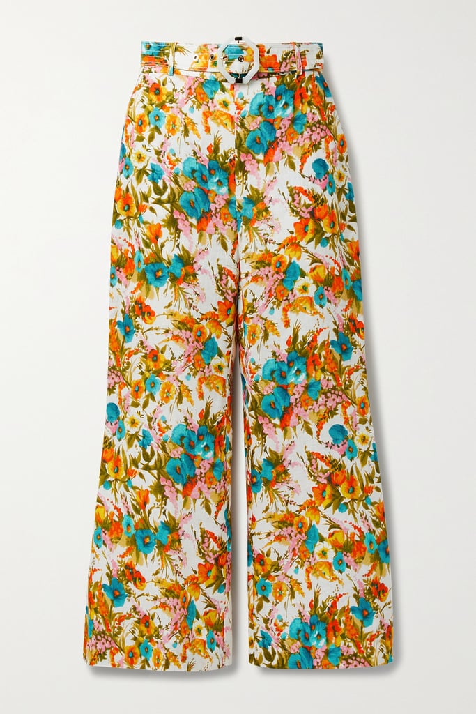 Cream Estelle Cropped Belted Floral-Print Linen Wide-leg Pants