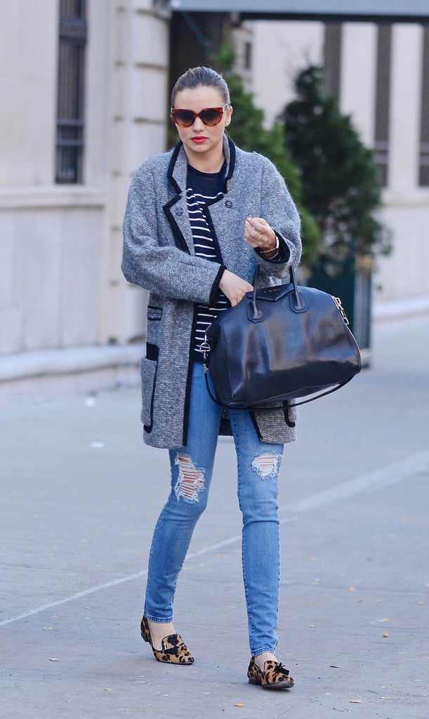Count Miranda as one of the sleek celebs who favors flats for running errands. She paired a leopard smoking slipper with a gray jacket and striped shirt while out in NYC. Count Miranda as one of the sleek celebs who favors flats for running errands. She paired a leopard smoking slipper with a gray jacket and striped shirt while out in NYC.