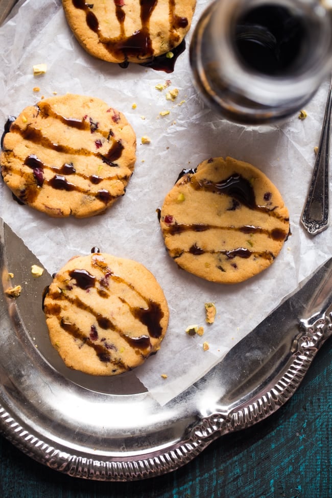 Cranberry Pistachio Shortbread Cookies with Balsamic Reduction