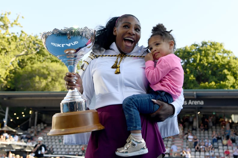 AUCKLAND, NEW ZEALAND - JANUARY 12:  Serena Williams of the USA celebrates with daughter Alexis Olympia after winning the final match against Jessica Pegula of USA at ASB Tennis Centre on January 12, 2020 in Auckland, New Zealand. (Photo by Hannah Peters/