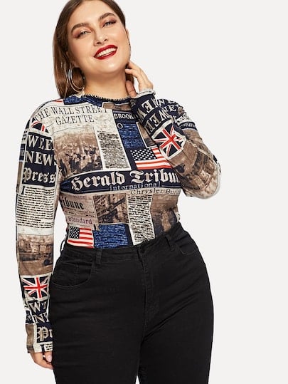 Shein Plus Mock Neck Newspaper Print Tee