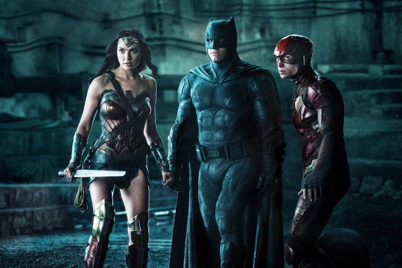 JUSTICE LEAGUE, l-r: Gal Gadot (as Wonder Woman), Ben Affleck (as Batman), Ezra Miller (as The Flash), 2017. ph: Clay Enos/Warner Bros. Pictures/courtesy Everett Collection