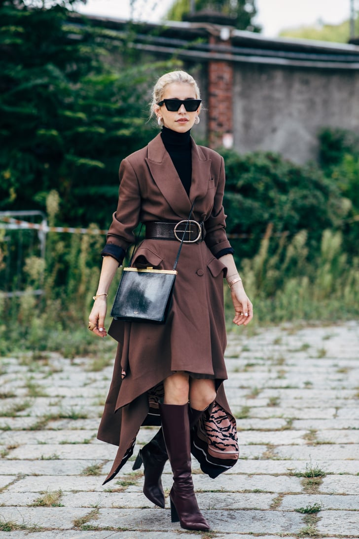 Style leather knee-high boots with a long blazer dress and turtleneck ...
