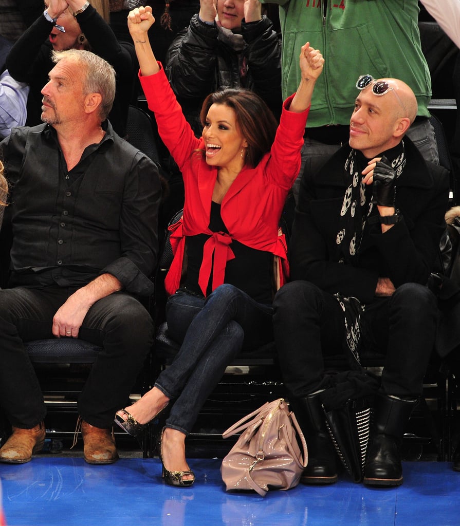 Eva Longoria sat courtside with Kevin Costner and her stylist, Robert Verdi, while watching the NY Knicks play the Dallas Mavericks in February 2012.