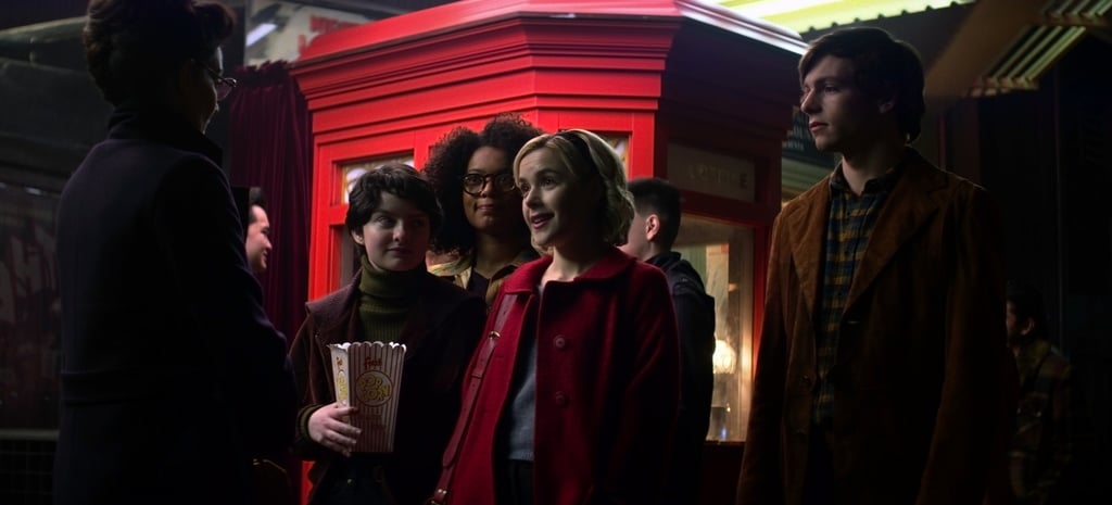 Michelle Gomez, Lachlan Watson, Jaz Sinclair, Kiernan Shipka, and Ross Lynch as Mary, Susie, Rosalind, Sabrina, and Harvey