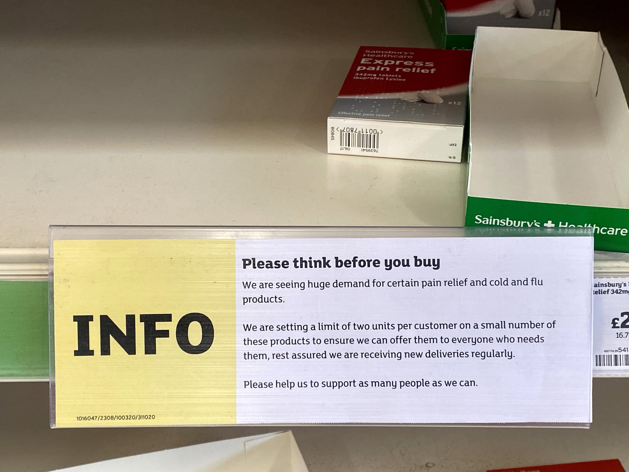 WEYMOUTH, ENGLAND - MARCH 11: A notice setting a limit of two units per customer is seen on a paracetamol shelf at Sainsbury's store on March 11, 2020 in Weymouth, United Kingdom. A shortage of products has hit shops in the wake of the contagious coronavirus illness. (Photo by Finnbarr Webster/Getty Images)