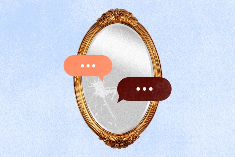 Collaged image of cracked gold frame mirror with two text bubbles on top illustrating negative thoughts while looking in the mirror.