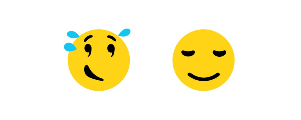 "Relieved Face loses its comical sheepishness, and now appears more calm with eyes closed, and a smile."