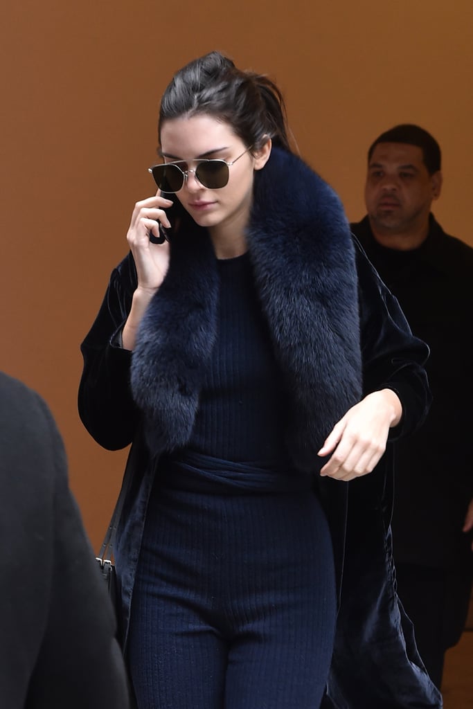 On Top Kendall Rocked A Furry Scarf And Aviators Kendall Jenner At Fashion Week Fall 16