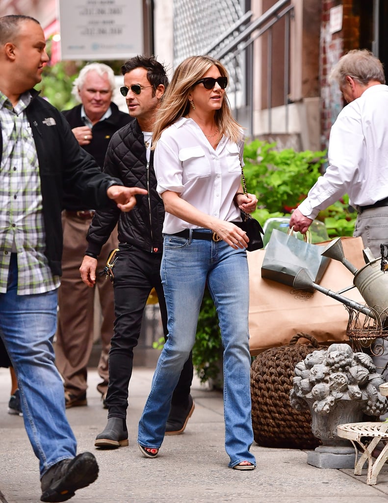 Jennifer Aniston White Button-Down and Jeans September 2016