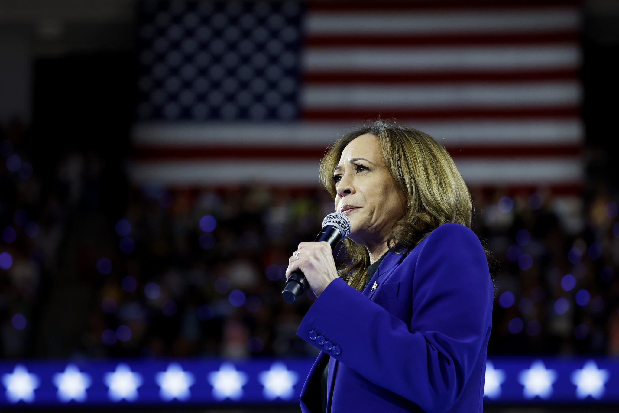 MILWAUKEE, WISCONSIN - AUGUST 20: Democratic presidential candidate, U.S. Vice President Kamala Harris speaks at a campaign rally at the Fiserv Forum on August 20, 2024 in Milwaukee, Wisconsin. Later this week Harris will accept her party's presidential nomination at the Democratic National Convention in Chicago, Illinois.  (Photo by Anna Moneymaker/Getty Images)