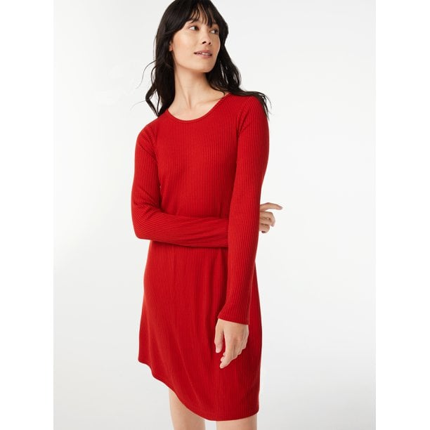 Free Assembly Women's Ribbed Swing Dress With Long Sleeves