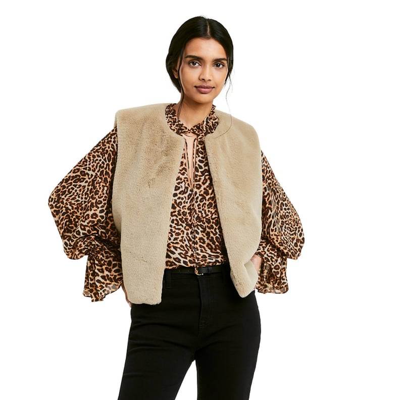 Nili Lotan x Target Faux Fur Vest and Leopard Print Long Sleeve Tie-Front Blouse