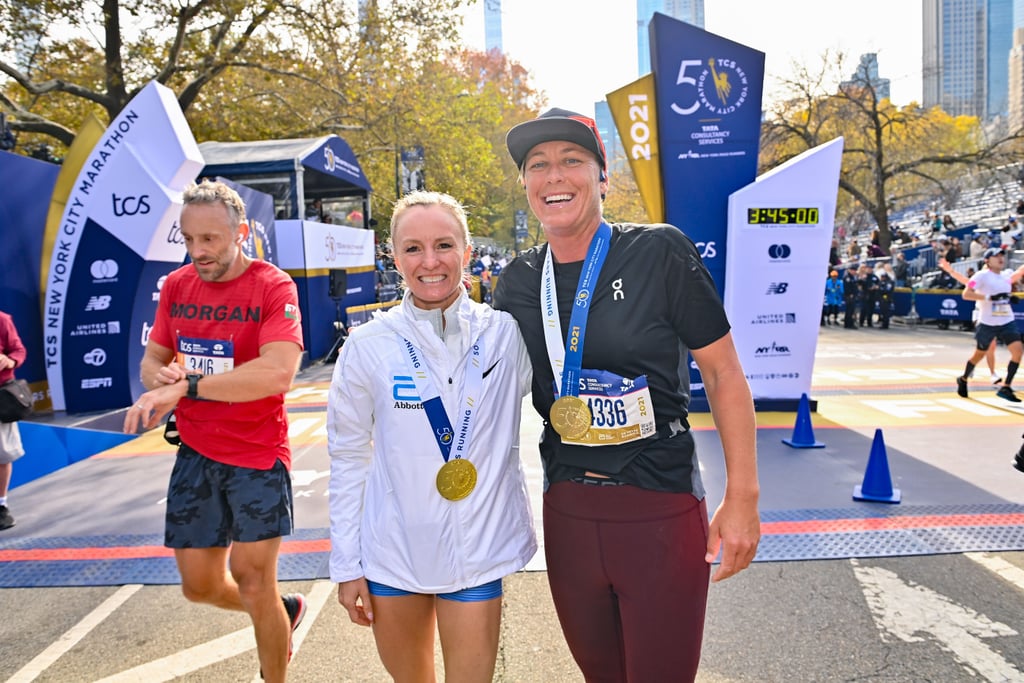 Shalane Flanagan and Abby Wambach at the 2021 New York City Marathon Finish Line