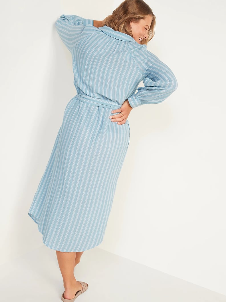 Long-Sleeve Waist-Defined Striped Midi Dress For Women