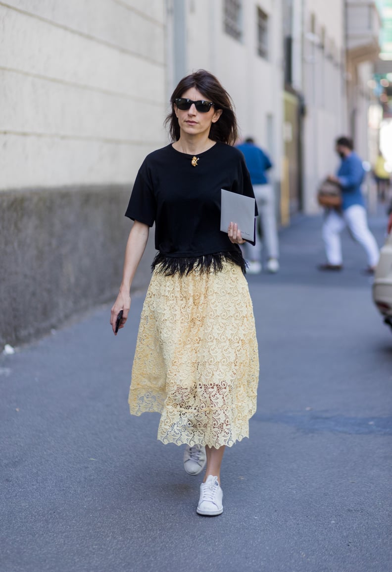 Style a Black Top With a Yellow Lace Midi Skirt