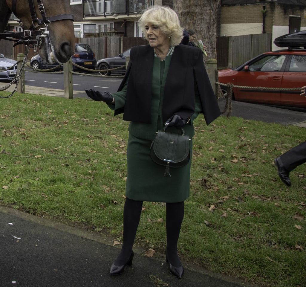 Camilla was spotted with the DeMellier Mini Venice bag in forest gran on a royal engagement in January 2019.