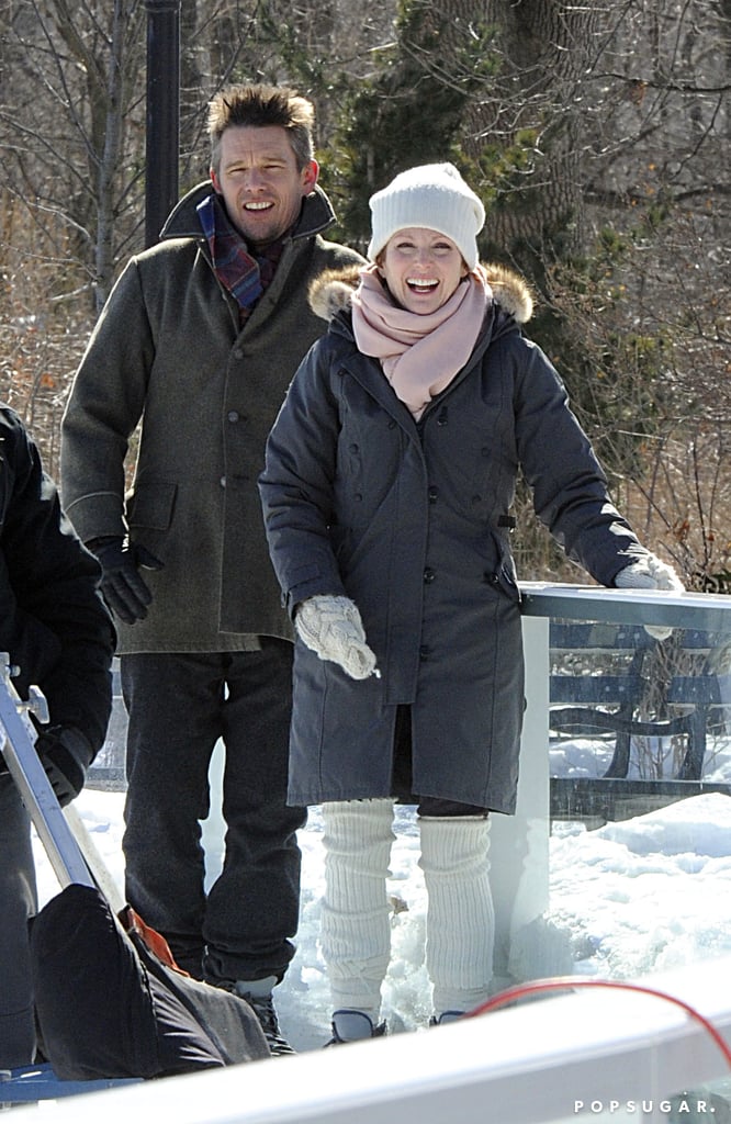 On Tuesday, Julianne Moore and Ethan Hawke laughed on the NYC set of Maggie's Plan.