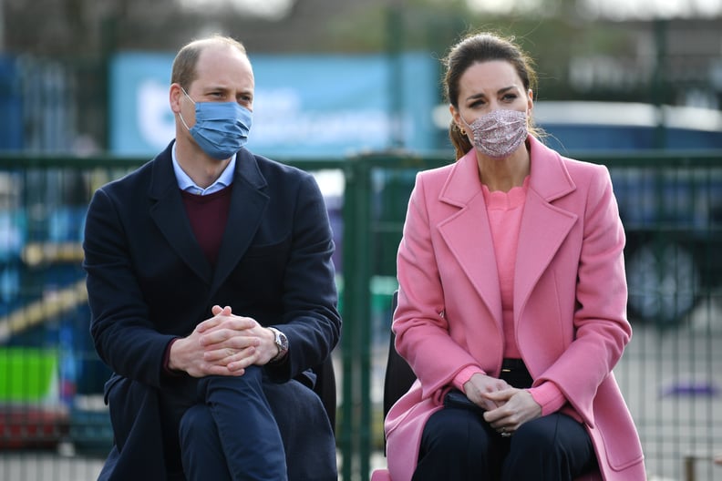 LONDON, ENGLAND - MARCH 11: Prince William, Duke of Cambridge and Catherine, Duchess of Cambridge attend a discussion with teachers and mental health professionals during a visit to School 21 in Stratford on March 11, 2021 in London, England. The Duke and