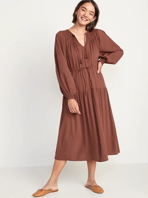 Old Navy Waist-Defined Crinkle-Textured Long-Sleeve Midi Dress