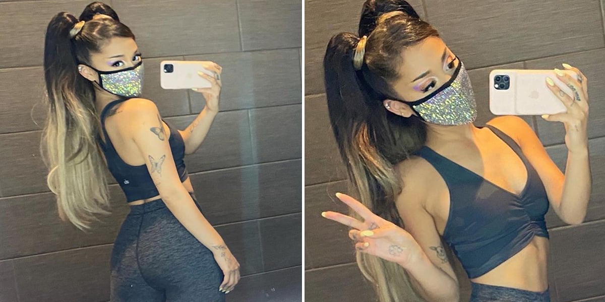 Shop Ariana Grande's Rhinestone Face Mask & Alo Yoga Sports Bra