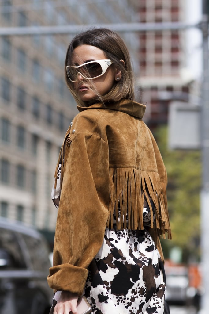 Fringe Jacket Outfit Idea: Cow-Print Dress + Sunglasses