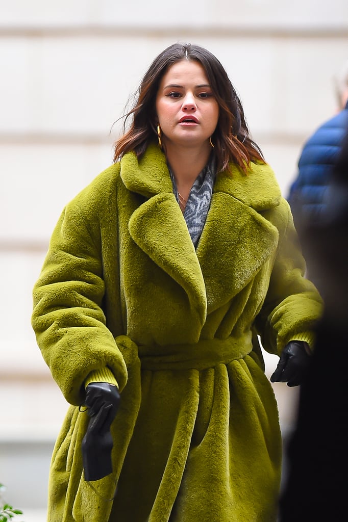 Selena Gomez Wearing a Green Proenza Schouler Coat on Set
