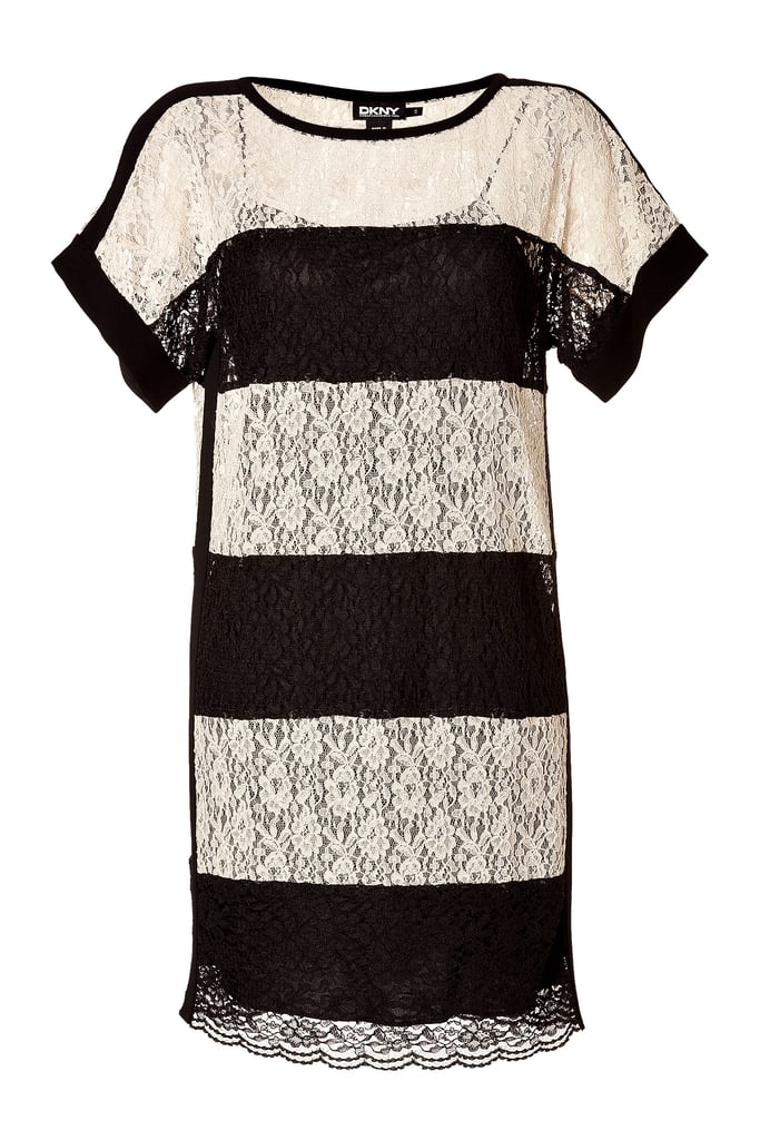Colorblock is always in and feels at its most formal in black and white lace ($215, originally $430).