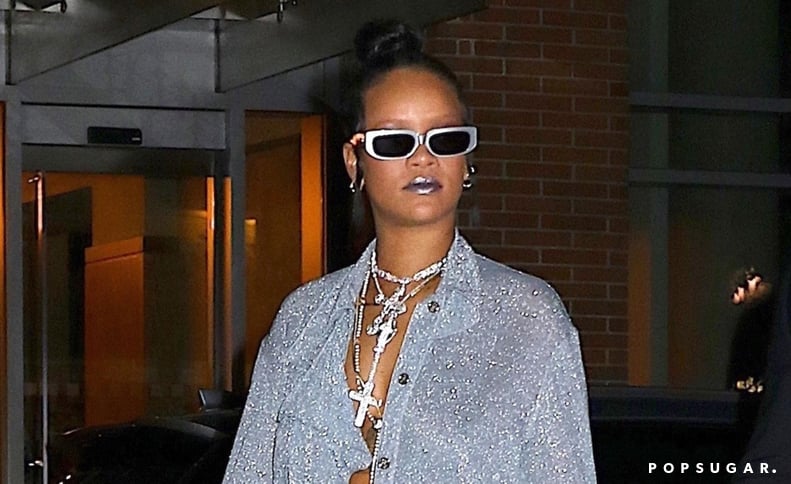 Rihanna Amped Up Her Sparkly Look With Cross Necklaces, Cool Shades, and Futuristic Lipstick