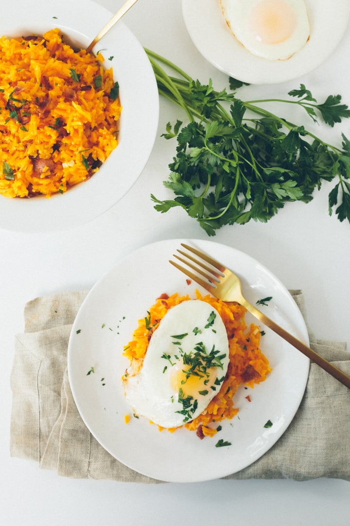 Butternut Squash Breakfast Risotto With Egg and Bacon