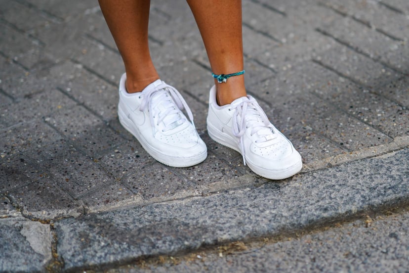 White sneakers are seen, during London Fashion Week Men's June 2018  on June 09, 2018 in London, England.
