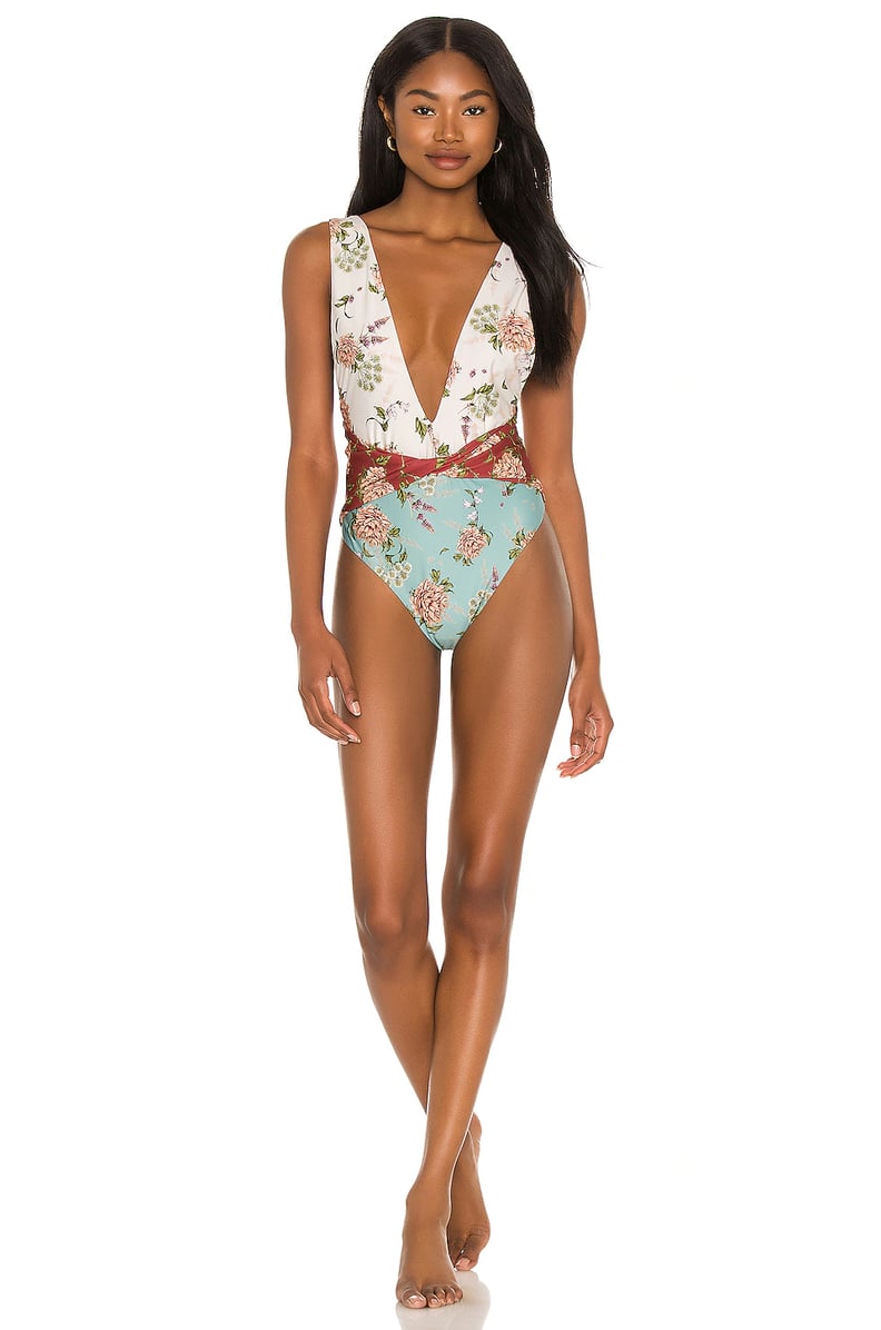 Pretty Flower Zebra Plunge One-Piece Swimsuit 