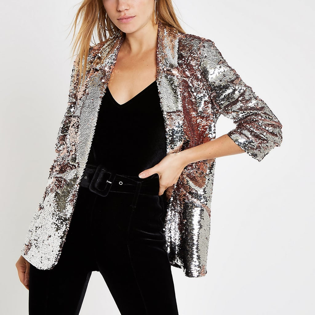 River Island Pink Sequin Ruched Sleeve Blazer | How to Wear Sequins ...