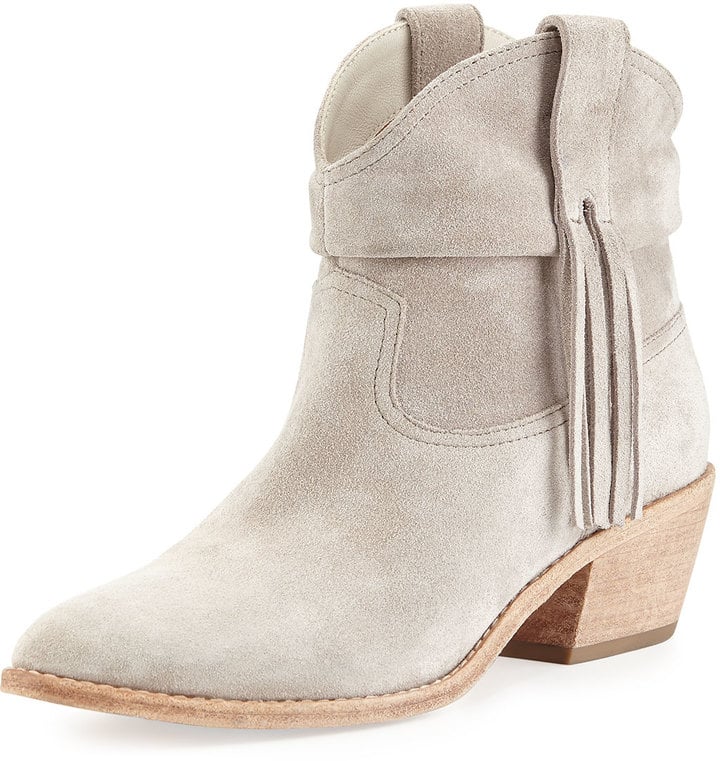 Joie Fringe Suede Bootie in Sandstone ($360)