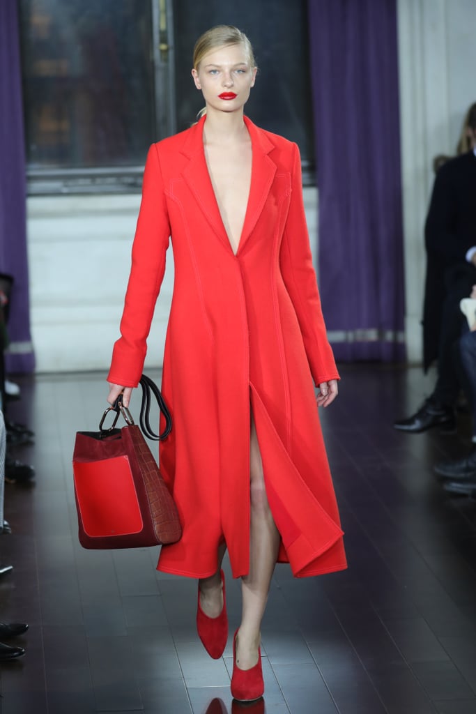 We selected this bright cherry-red coat from Jason's Fall runway, which we could see Michelle pairing with power pumps and her classic hoop earrings.