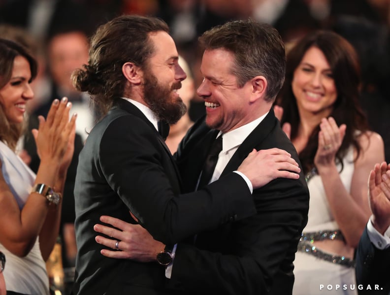 Casey Affleck hugged Matt Damon as he was announced the winner of the best actor award.